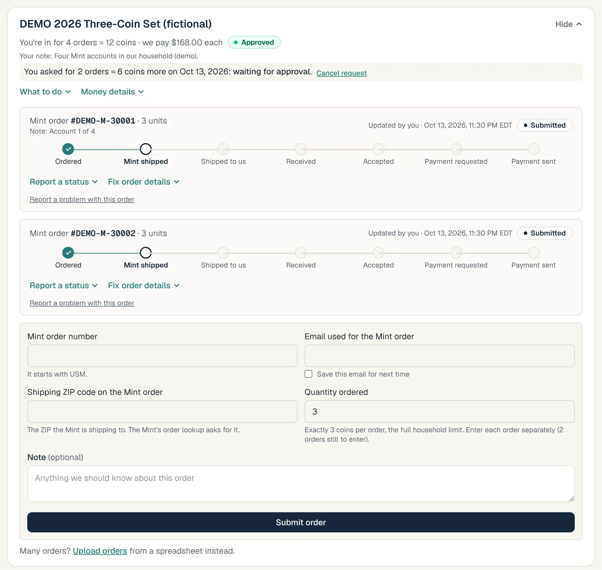 My deals for a buyer on a three-coin set: two orders entered, each with its progress from ordered to payment sent, and the form for the next one: order number, order email, shipping ZIP, quantity and a note.