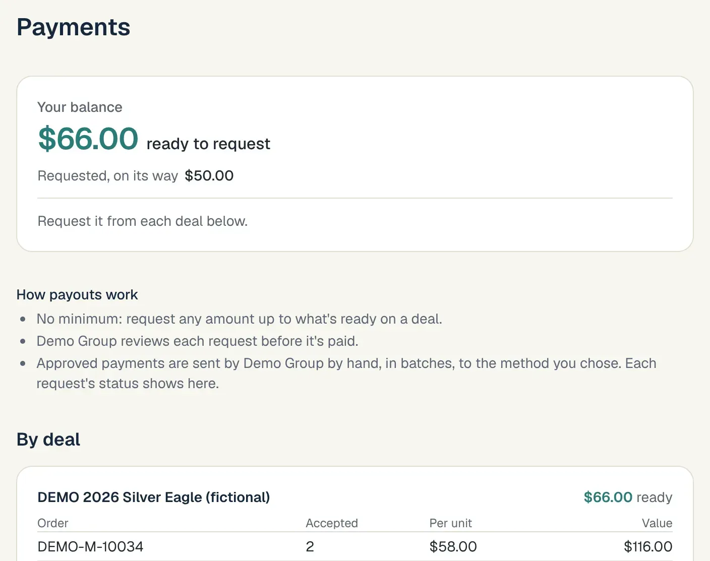 A buyer's Payments page: balance ready to request, the amount already requested, and a breakdown by order.