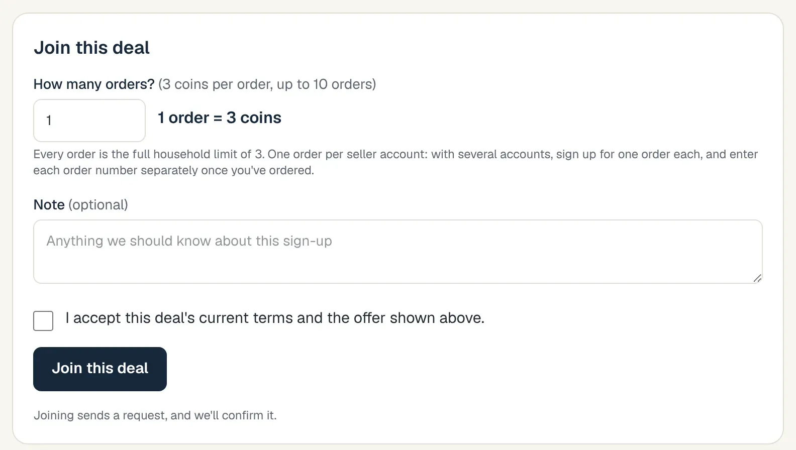 Join this deal on a buyer's deal page: how many orders at 3 coins each, an optional note, a box to accept the deal's terms, and a Join this deal button.