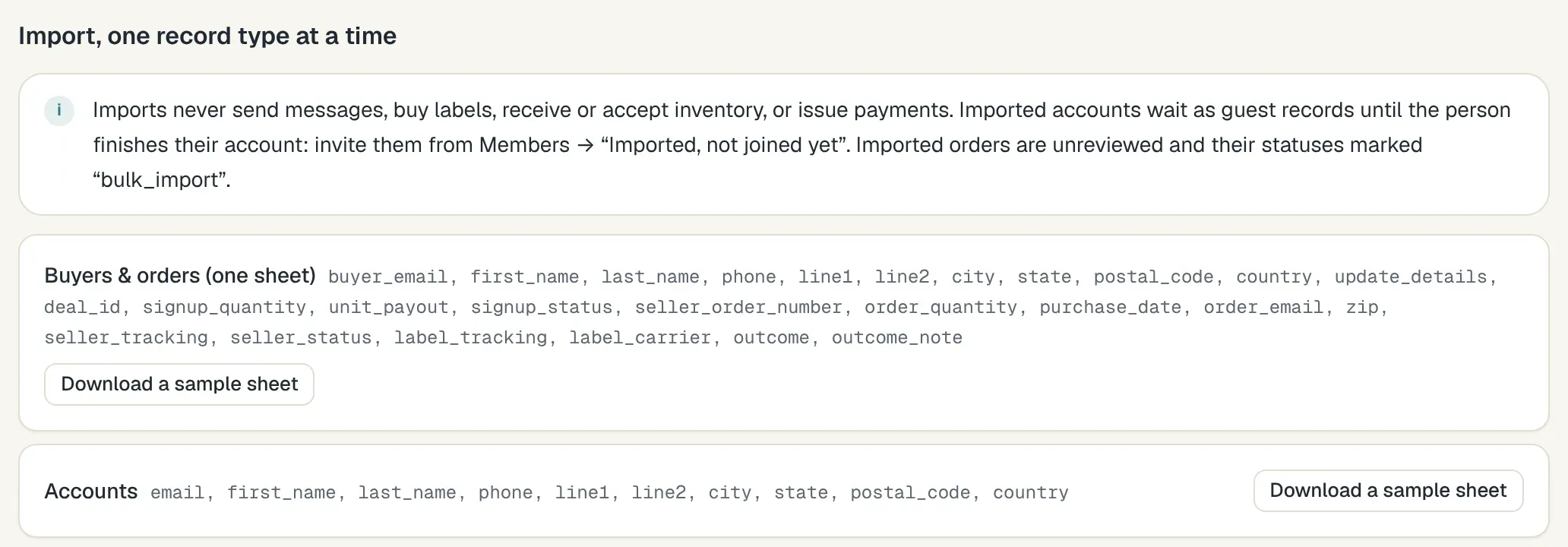 Importing buyers: a note that imports send nothing and imported accounts wait until invited, then the columns for buyers and orders on one sheet and for accounts, each with a Download a sample sheet button.