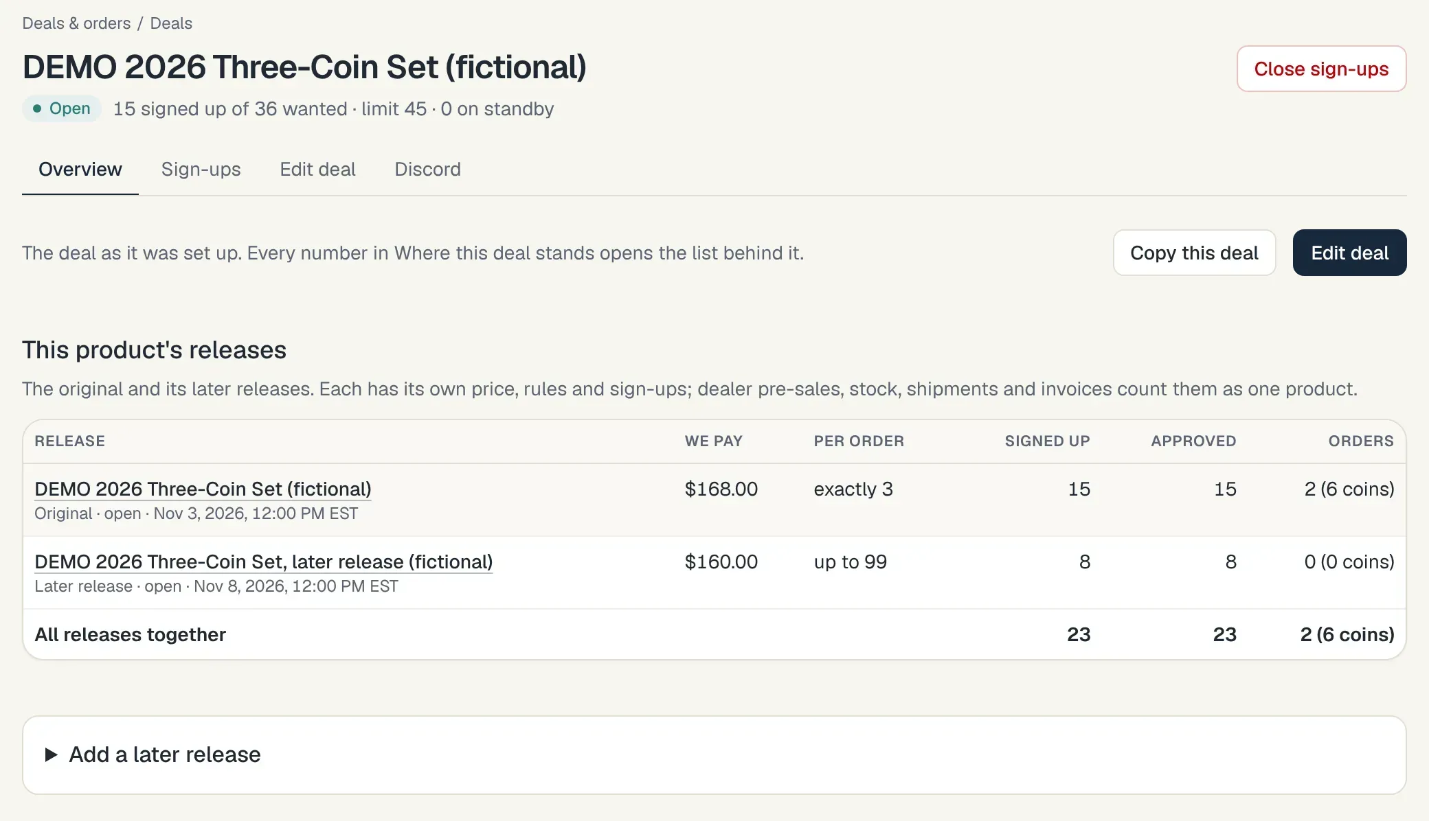A three-coin set deal with a table of its releases: the original at exactly 3 coins per order and a later release at a lower payout, with totals for both together.