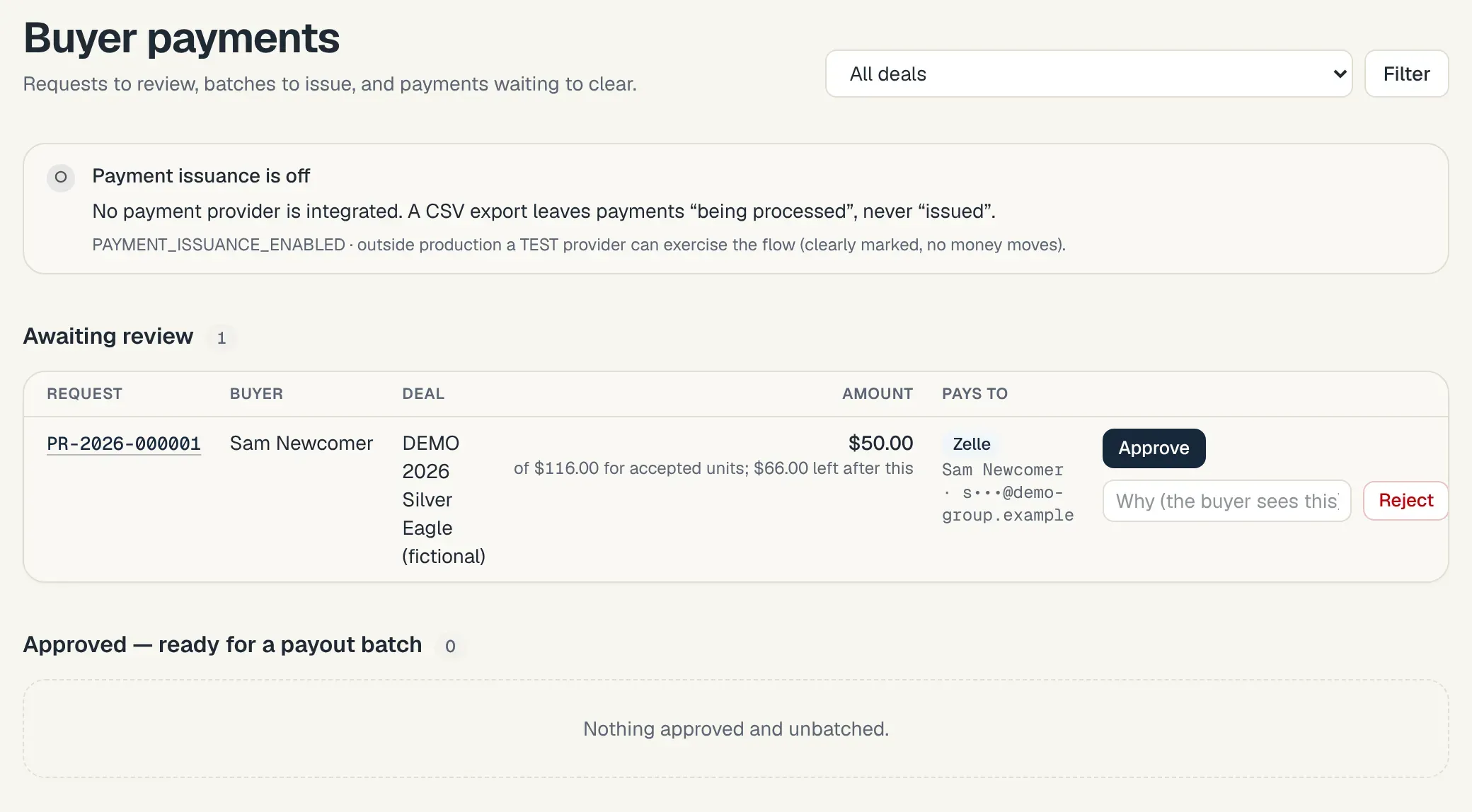 Buyer payments for the owner: a request awaiting review, with what's left after it.