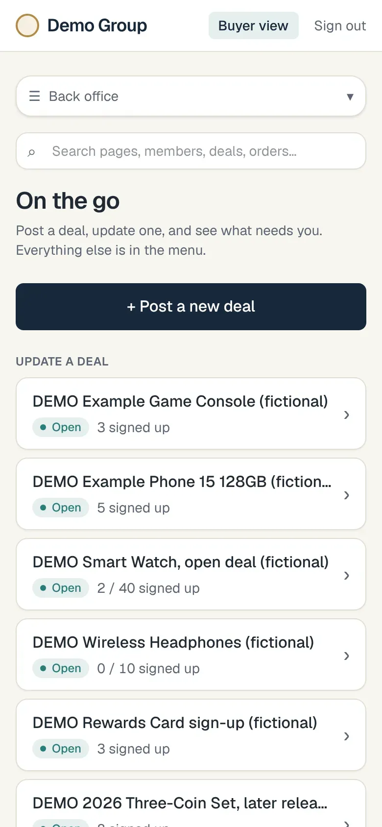 The On the go page on a phone: a Post a new deal button and the open deals to update, each with how many have signed up.