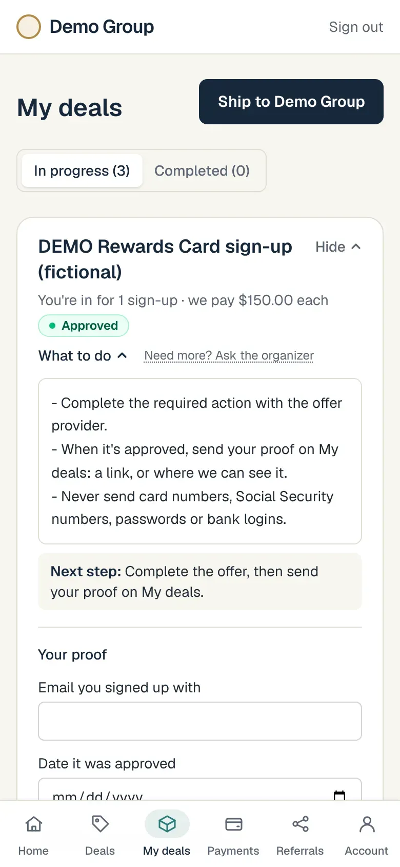 My deals on a phone: deals in progress, with what to do next for each.