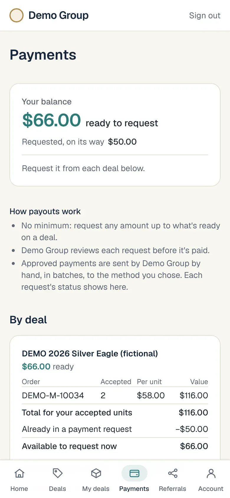 Payments on a phone: the balance ready to request and a request awaiting review.
