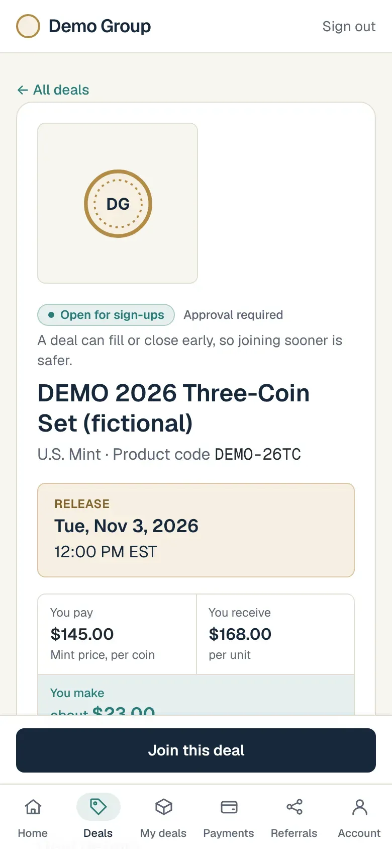 A deal page on a phone with the release date and payout, and a Join this deal button.