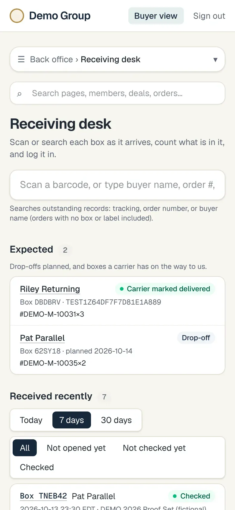 The receiving desk on a phone: a box to scan or search for, the boxes expected, and the boxes received recently.