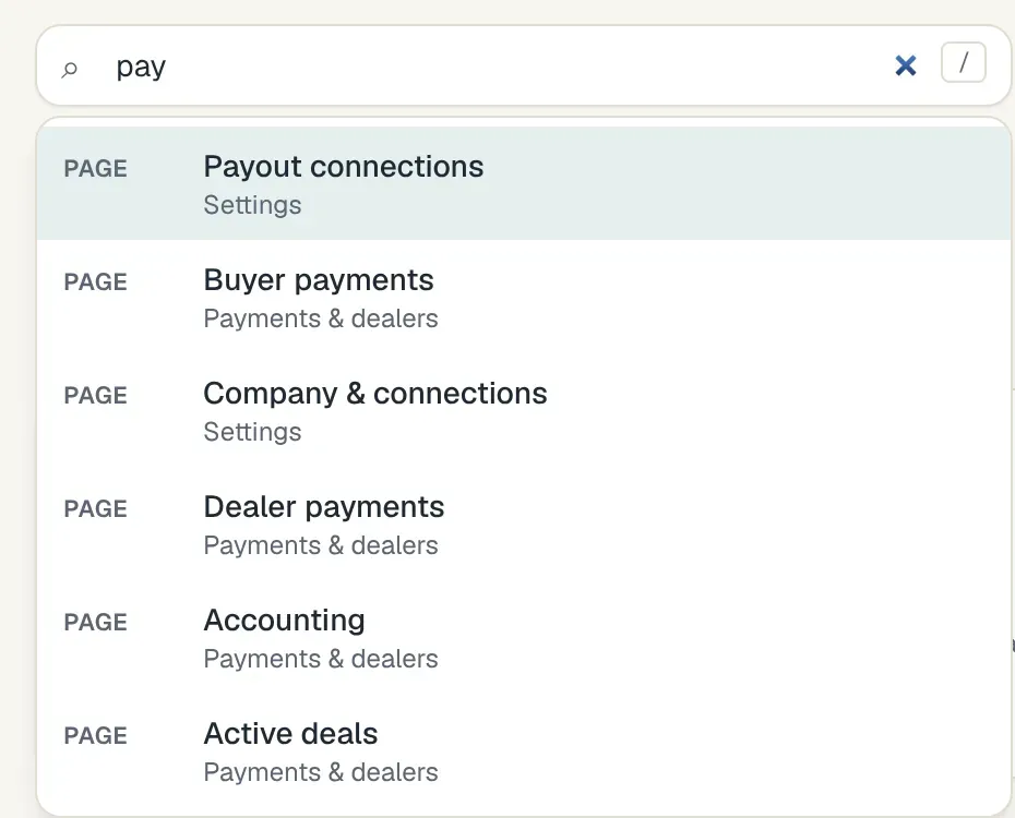 The back-office search box with 'pay' typed, listing matching pages such as Buyer payments, Dealer payments and Accounting.